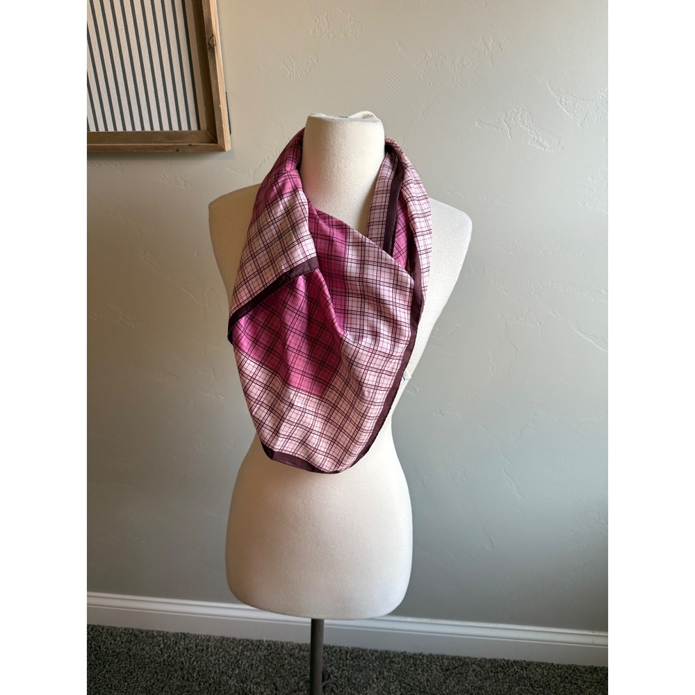 Specialty House Fashion Vintage Pink Brown Plaid‎ Square Scarf Made in Japan